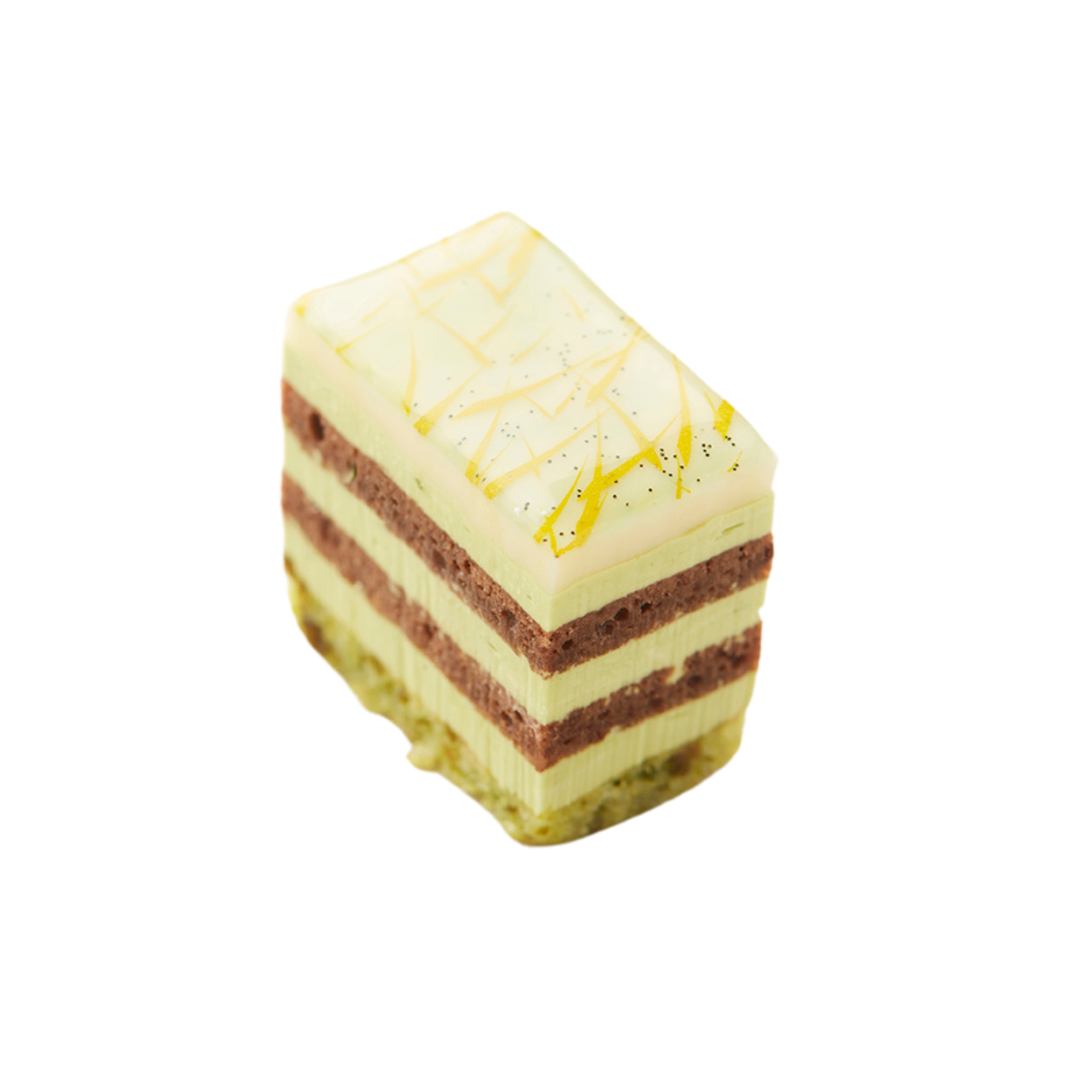 DelRey dessert taart van laagjes chocolade biscuit met pistache crème au beurre tussenin / DelRey dessert cake of layers of chocolate sponge cake with pistachio crème au beurre in between