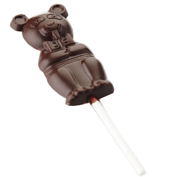 Lolly met beertje in volle chocolade. Verkrijgbaar in witte chocolade, melkchocolade of fondantchocolade. DelRey / Lollipop with bear in full chocolate. Available in white chocolate, milk chocolate or dark chocolate. DelRey