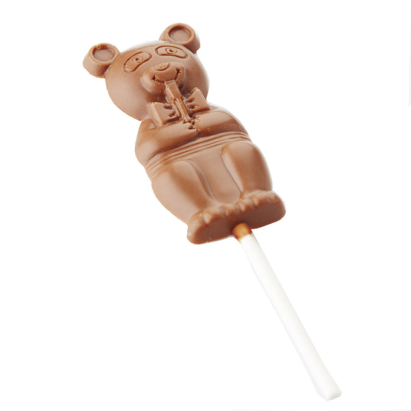 Lolly met beertje in volle chocolade. Verkrijgbaar in witte chocolade, melkchocolade of fondantchocolade. DelRey / Lollipop with bear in full chocolate. Available in white chocolate, milk chocolate or dark chocolate. DelRey