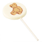 Lolly met beertje in volle chocolade. Verkrijgbaar in witte chocolade, melkchocolade of fondantchocolade. DelRey / Lollipop with bear in full chocolate. Available in white chocolate, milk chocolate or dark chocolate. DelRey