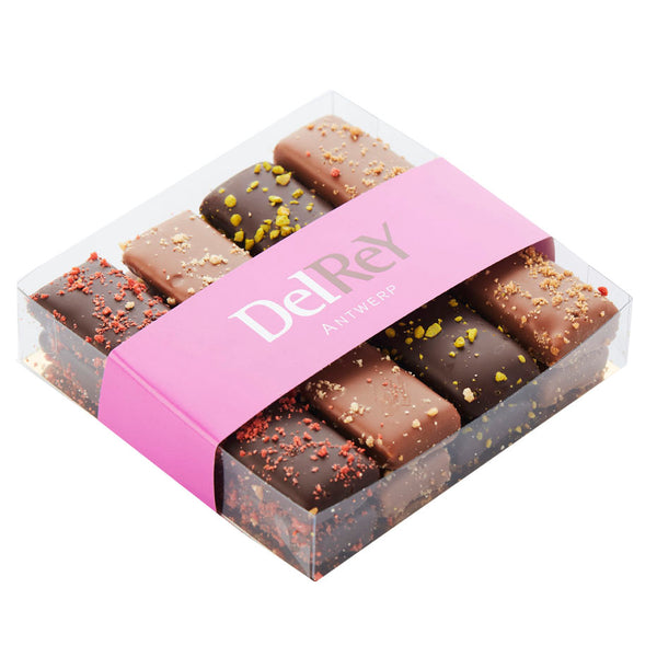 DelRey krokante chocolade stokjes framboos & passievrucht, citroen & gember, pistache, pecannoten & speculaas / DelRey crispy chocolate sticks raspberry & passion fruit, lemon & ginger, pistachio, pecan & speculoos